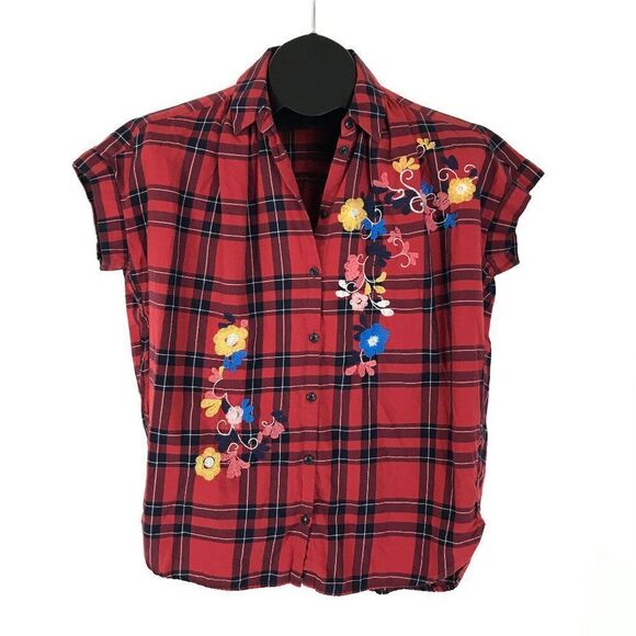 Madewell Embroidered Central Shirt in Dahl Plaid Women's XS Floral Button Down - Picture 1 of 11